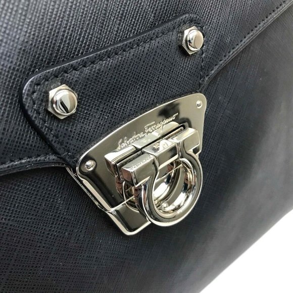 SALVATORE FERRAGAMO Gancini Shoulder Hand Bag 2way bag Black Leather - Picture 7 of 16